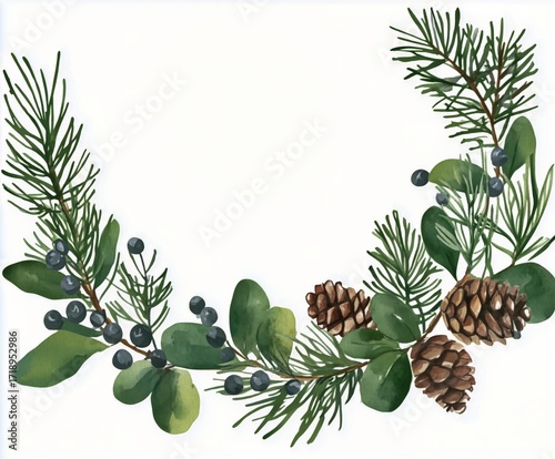 Colorful Watercolor Border With Pinecones and Evergreen Branches for Seasonal...