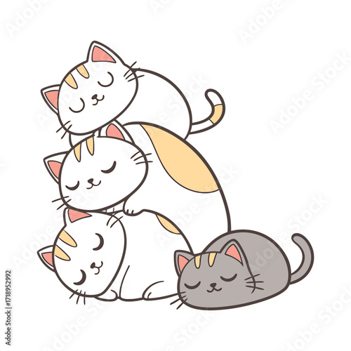 Cute cartoon stack of sleeping kittens isolated on white background