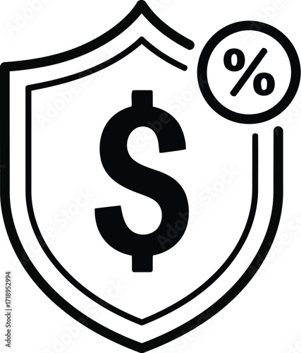 Vector art of shield icon with dollar sign and percentage symbol, representing financial security and protection