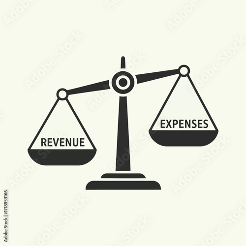 Vector art of balance scale showing revenue on one side and expenses on the other, representing financial balance and accounting