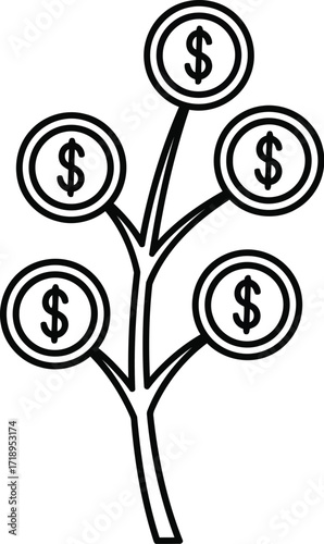 Vector art of outline illustration of a tree with coins bearing dollar signs on its branches, symbolizing financial growth and investment