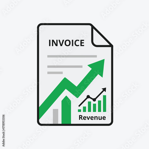 Vector art of invoice document with a green upward trending graph and revenue chart, indicating financial growth