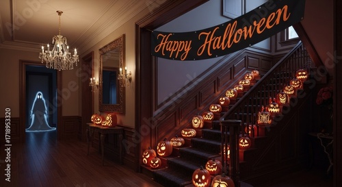 Spooky Halloween celebration with lit pumpkins and glowing ghosts in an elegant home hallway