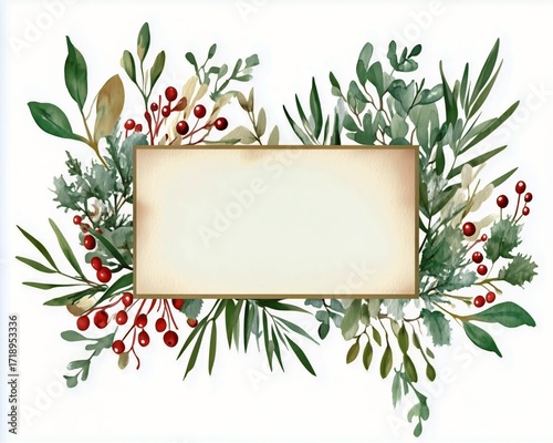 Festive Holiday Greenery With Red Berries Surrounds a Blank Space for Persona...