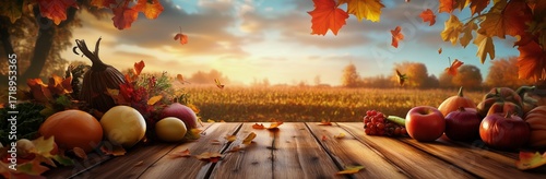 Autumn Harvest Scene With Colorful Fruits and Leaves in a Serene Landscape Du...