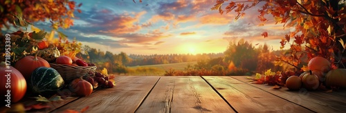 Autumn Harvest Scene With Colorful Fruits and Leaves in a Serene Landscape Du...