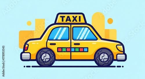Illustration of a yellow taxi cab service for transportation and urban travel with a city background scene