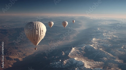 High-altitude modular balloon networks capturing solar energy, monitoring environmental data, and relaying signals through AI-stabilized mesh communication arrays.