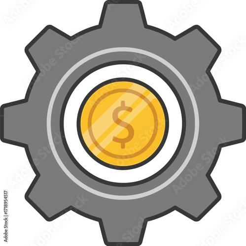 Vector art of gear with a golden coin showing a dollar sign in the center