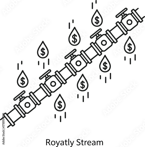 Vector art of line art illustration of a pipe with valves and dollar signs dripping, symbolizing a royalty stream