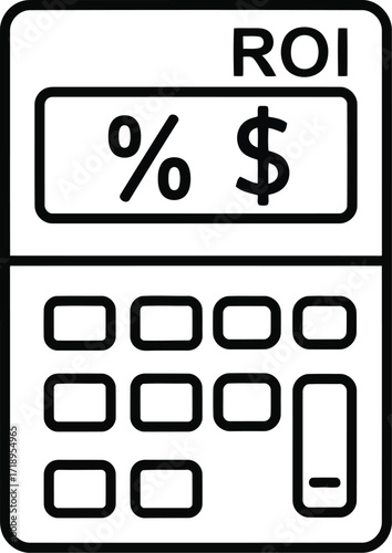 Vector art of line drawing of a calculator displaying roi and symbols for percentage and dollar