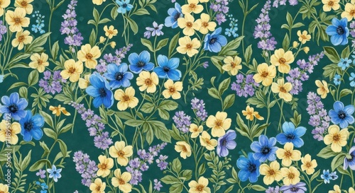 Vibrant meadow floral pattern seamless repeating background texture with wildflowers and greenery