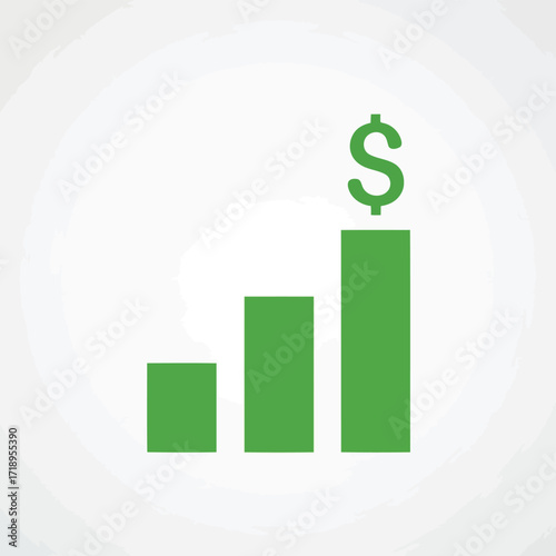 Vector art of a simple green bar chart showing increasing heights, topped with a dollar sign, symbolizing financial growth, profit, and economic success