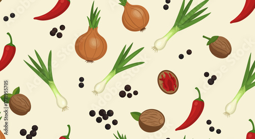 This digital illustration presents a dynamic and vibrant arrangement of essential culinary spices