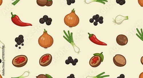 This digital illustration presents a dynamic and vibrant arrangement of essential culinary spices