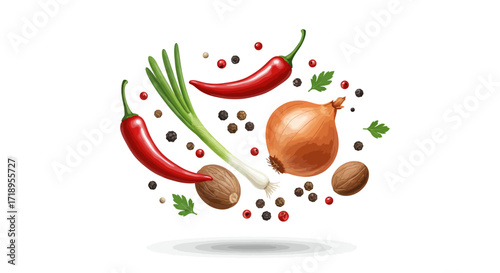 This digital illustration presents a dynamic and vibrant arrangement of essential culinary spices