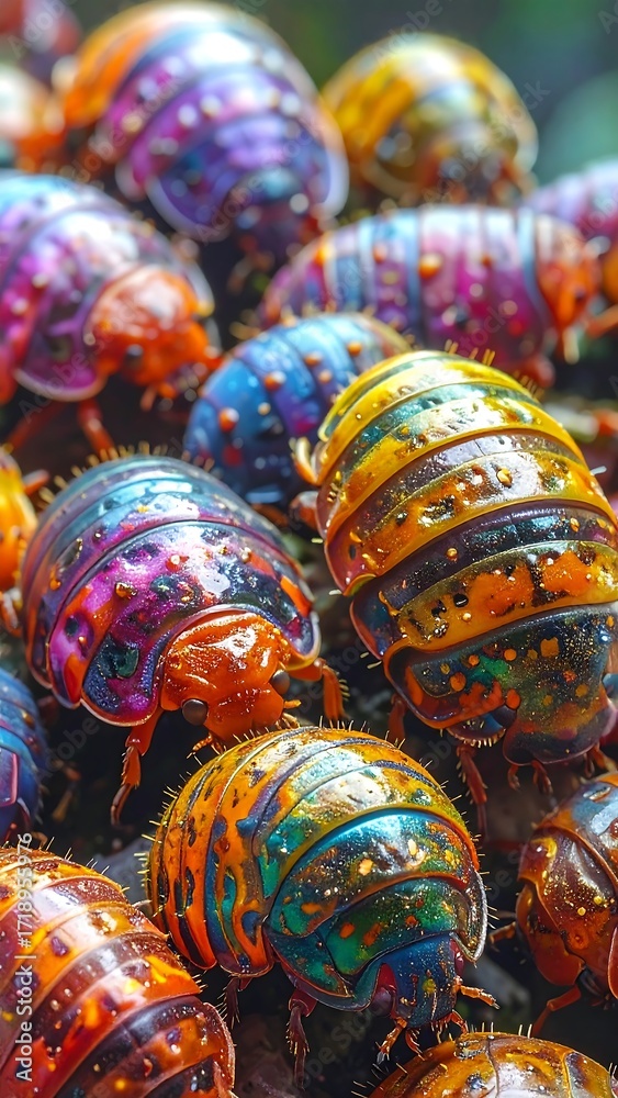 Fototapeta premium Vibrant colorful beetles clustered close together