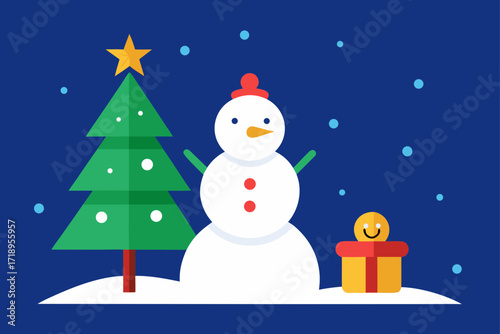 christmas card with snowman and gifts
