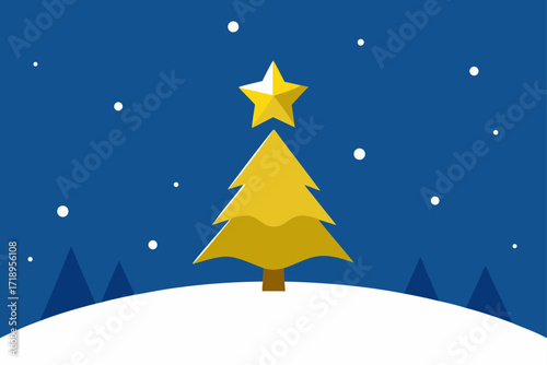 A beautiful vector illustration of a Christmas tree decorated with stars on a winter night landscape