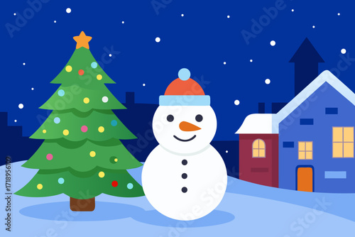 A festive cartoon snowman with a hat and scarf stands in a winter landscape with a decorated Christmas tree and falling snowflakes