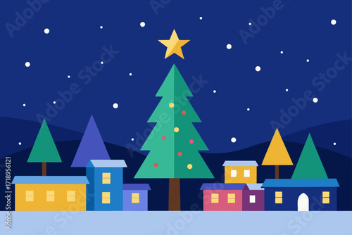 A magical Christmas night scene with a decorated tree, glowing lights, and falling snow in a cozy village landscape