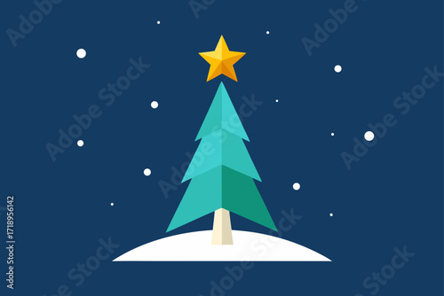 A beautiful blue winter holiday illustration shows a Christmas tree decorated with glowing stars and snowflakesA beautiful blue winter holiday illustration shows a Christmas tree decorated with glowin
