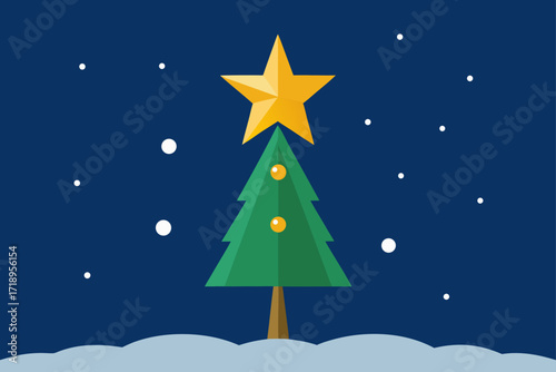 A vibrant illustration of a festive Christmas tree adorned with stars, set against a snowy winter landscape