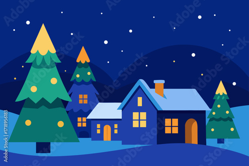 A beautiful Christmas winter night landscape with a snow-covered village and decorated houses under a starry sky