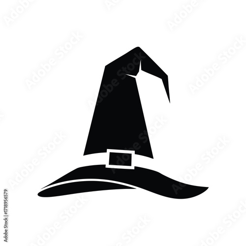 A classic black silhouette of a pointed witchs hat with a wide brim and a square buckle.