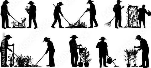 Set of black silhouettes of gardeners working in garden.

