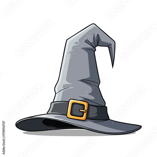 A classic grey pointed witchs hat with a bent tip black band and a shiny gold buckle.