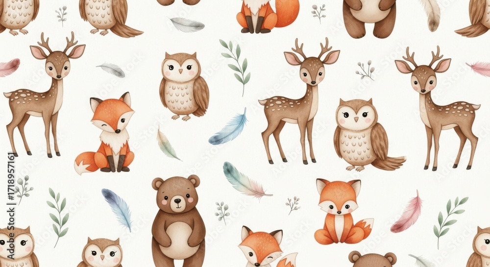 Fototapeta premium Charming woodland creatures pattern featuring deer foxes owls and bears adorable wildlife design