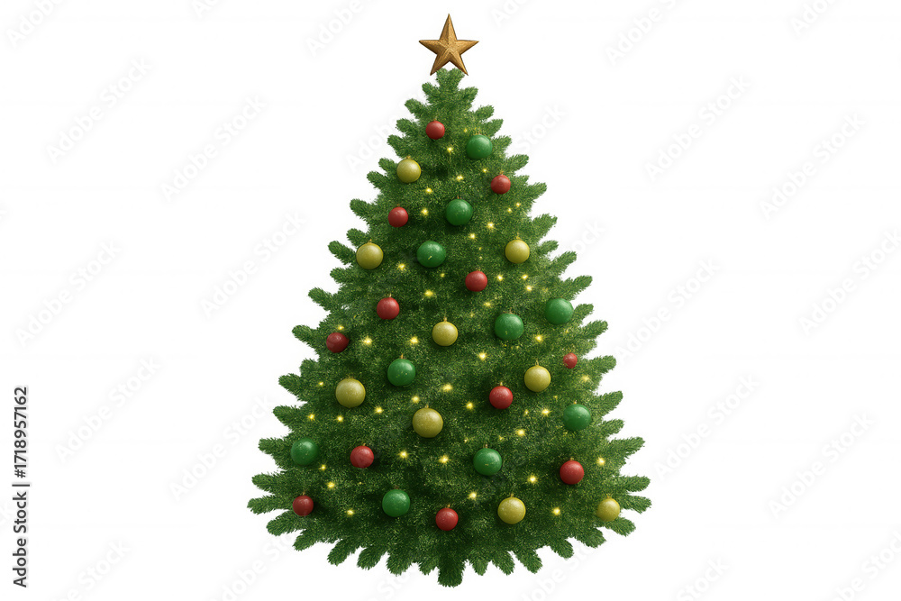 Fototapeta premium Christmas tree with star topper and festive ornaments, creating a holiday atmosphere on a transparent background