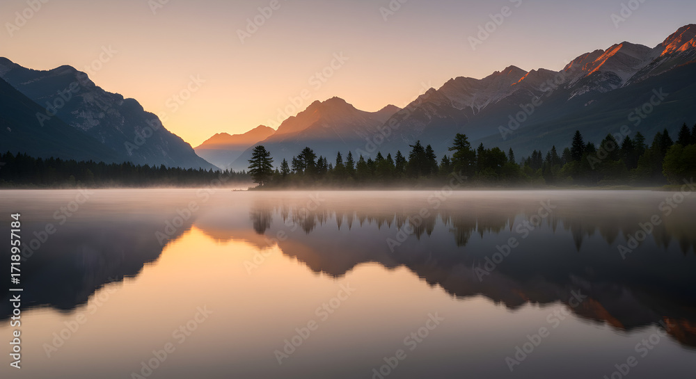 Fototapeta premium Serene Sunrise Over Mountain Lake — Mirror-Like Reflections in Quiet Waters