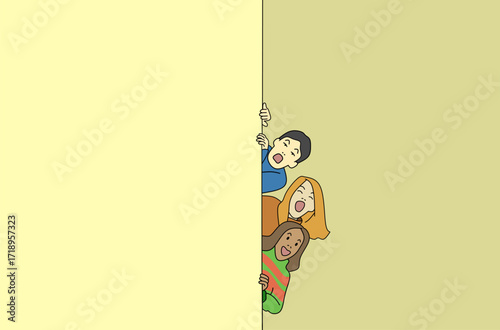 Happy School Kids Peeking Behind Wall – Back to School Illustration, Fun and playful design for education concept