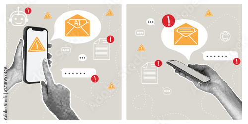Trendy halftone collage. Phishing warning. Smartphone and email security. Data breach concept, hacking attempts, online security.