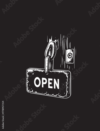 Black and white illustration of an open sign hanging on a wooden surface shop store