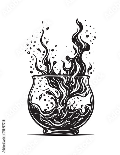 Black ink illustration of a bubbling cauldron with flames and splashes on a white background witch magic