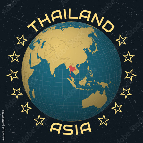 Thailand on Globe. Country name round text. Vintage look with grunge scratched texture. Country view on world map in Sky Blue Light Yellow color palette. Thailand shape on map.