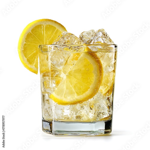 Refreshing lemon drink with ice cubes in glass isolated on white background for summer beverage concept