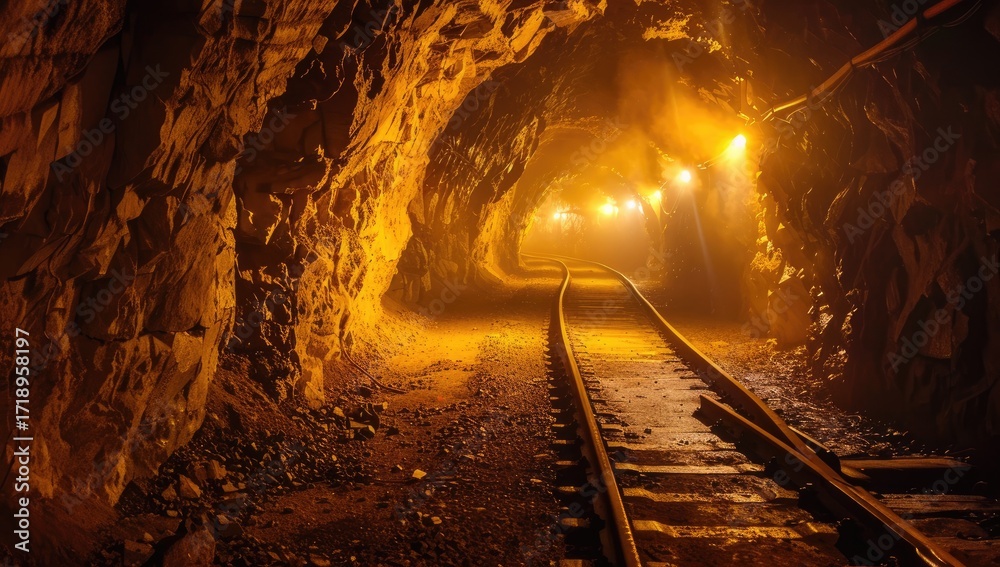 Naklejka premium A dimly lit mine tunnel curves gently into the distance, illuminated by lights mounted on the walls, revealing rough-hewn rock and a railway track running its center