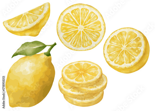 An vector illustration of a lemon, a half-cut lemon and lemon slices in stack, glowing in bright yellow tones with soft textures, capturing freshness and simplicity in delicate brushstrokes.