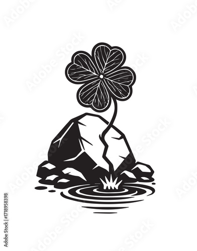 Four Leaf Clover Growing from a Rock in Rippling Water on White Background luck lucky