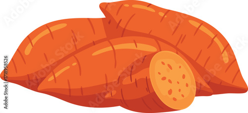 A group of whole sweet potatoes with an orange interior, perfect for food packaging, healthy eating themes, farming, nutrition visuals, and harvest illustrations