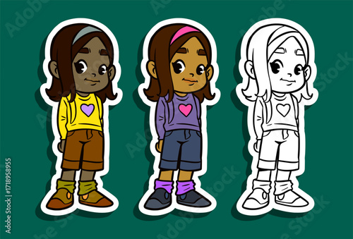 Girl with headband and heart sweater standing sticker illustration