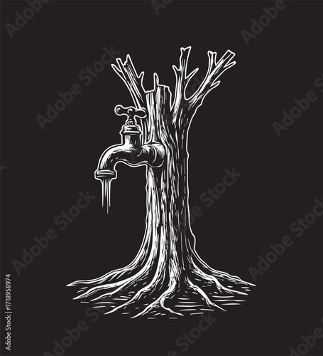 Stylized tree with a water faucet as its trunk dripping water on a black background Keywords: tree, faucet, water, dripping, dry, dead tree, roots, wood, bark, nature, environment, conservation