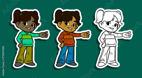 Girl with pigtails pointing sideways sticker illustration