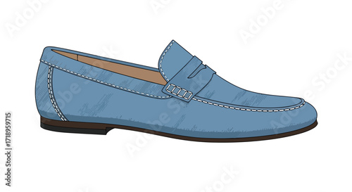 Elegant blue loafer shoe illustration for fashion and style concepts with decorative stitching and a classic design element