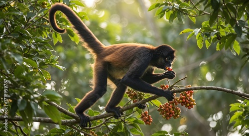 Spider Monkey Feeding on Berries in Lush Tropical Rainforest Canopy