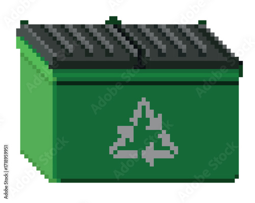 pixelated green trash can on white background, pixel art vector illustration